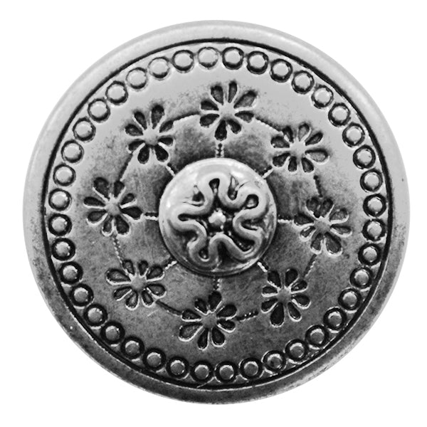 full metal button with floral design and shank antique silver