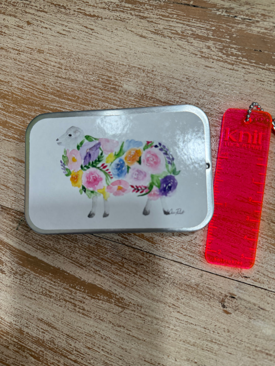 Floral Sheep Stitch Marker Storage Tin & KTP Ruler