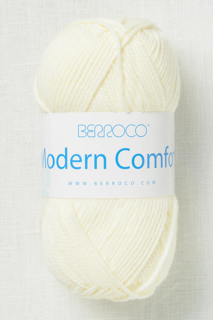 Ball of yarn with Berroco Modern Comfort label on a light background